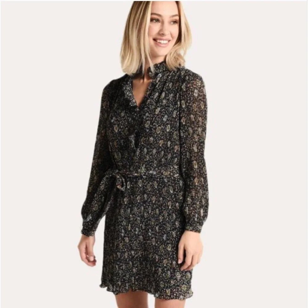 Tory Burch NWOT Deneuve Floral Print Soleil Dress in Navy Size 10 Long Sleeve